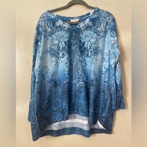 Concepts XXXL Y2K bejeweled long sleeve top blue floral artsy